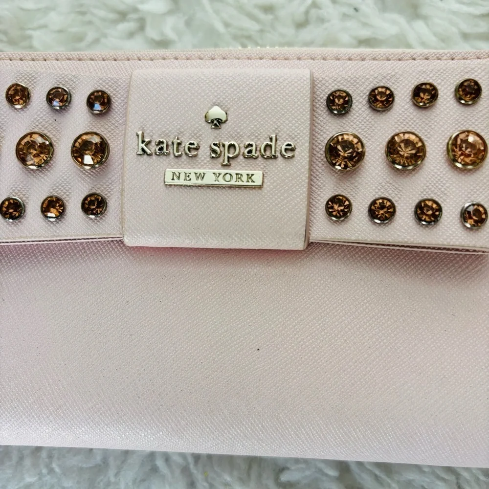 Kate Spade Pink Leather w/ Bow w/ Rhinestone zip around Long Wallet